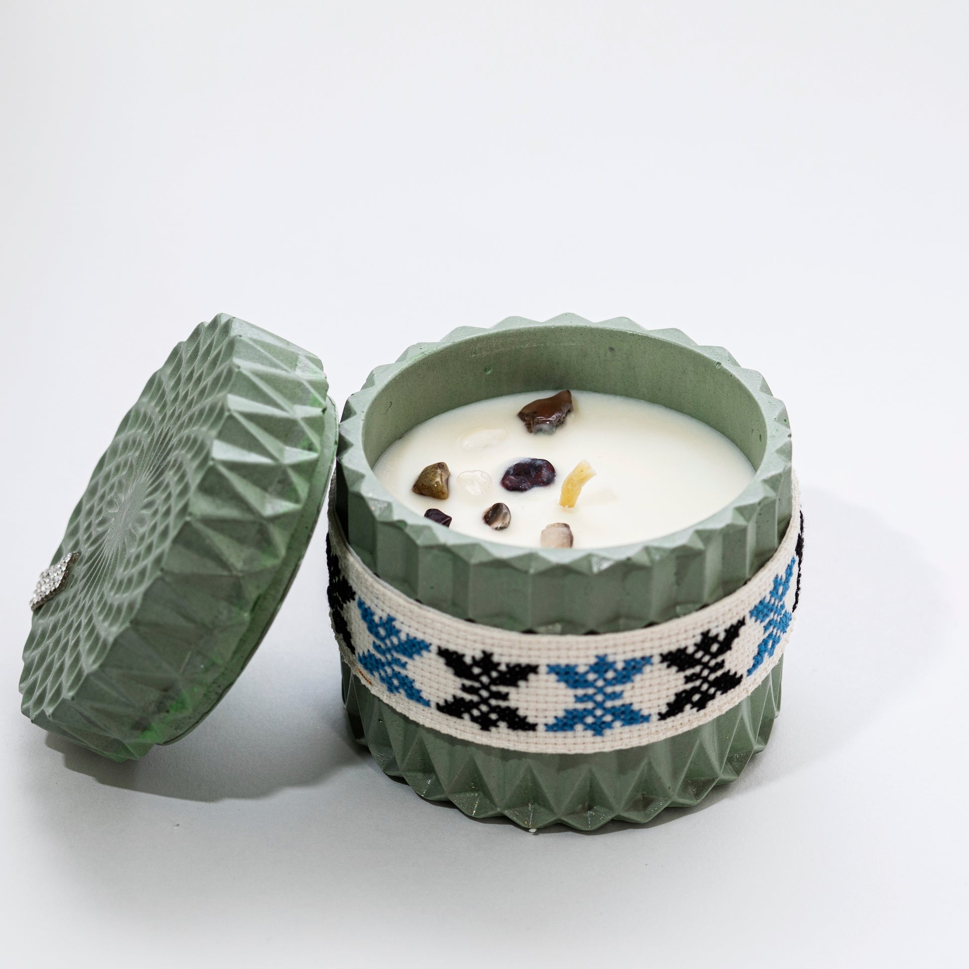 Stone Candle with Embroidered Belt, Pomegranate with Citrus - Wonder Candles