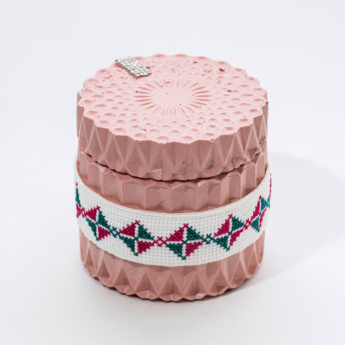 Stone Candle with Embroidered Belt, Pomegranate - Wonder Candles