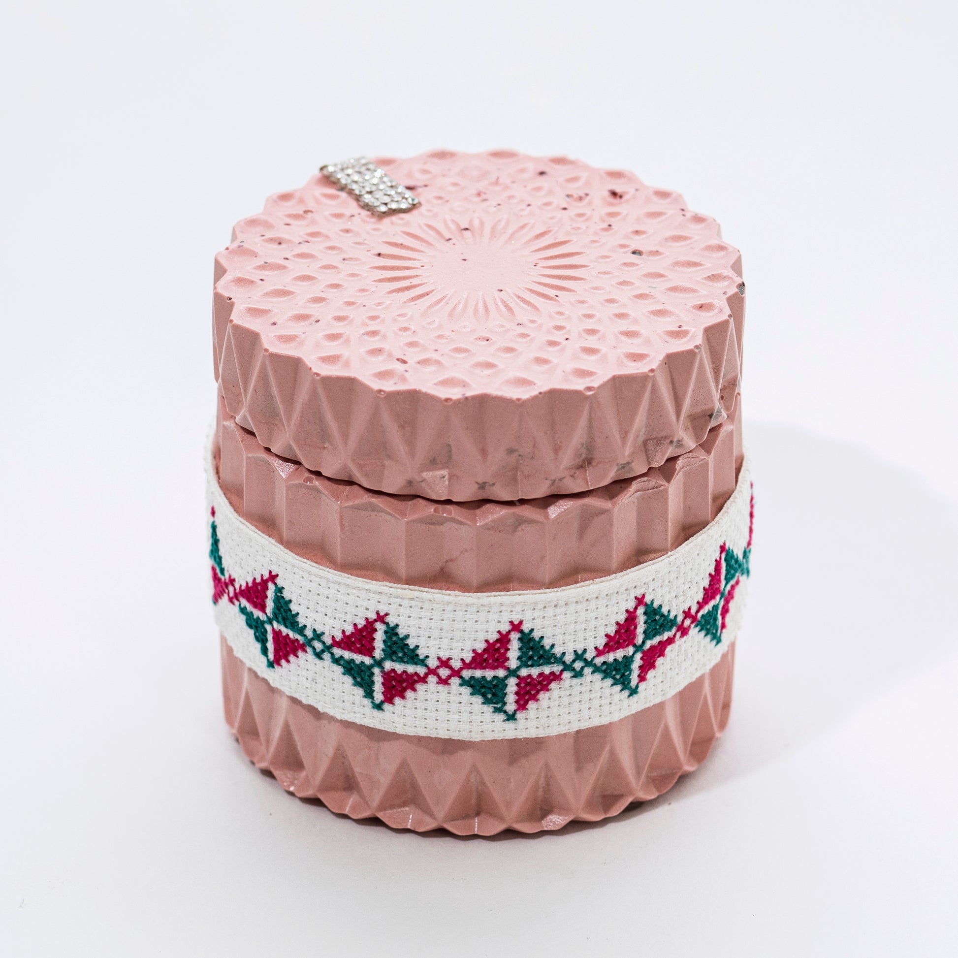 Stone Candle with Embroidered Belt, Pomegranate - Wonder Candles