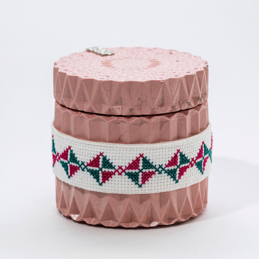 Stone Candle with Embroidered Belt, Pomegranate - Wonder Candles