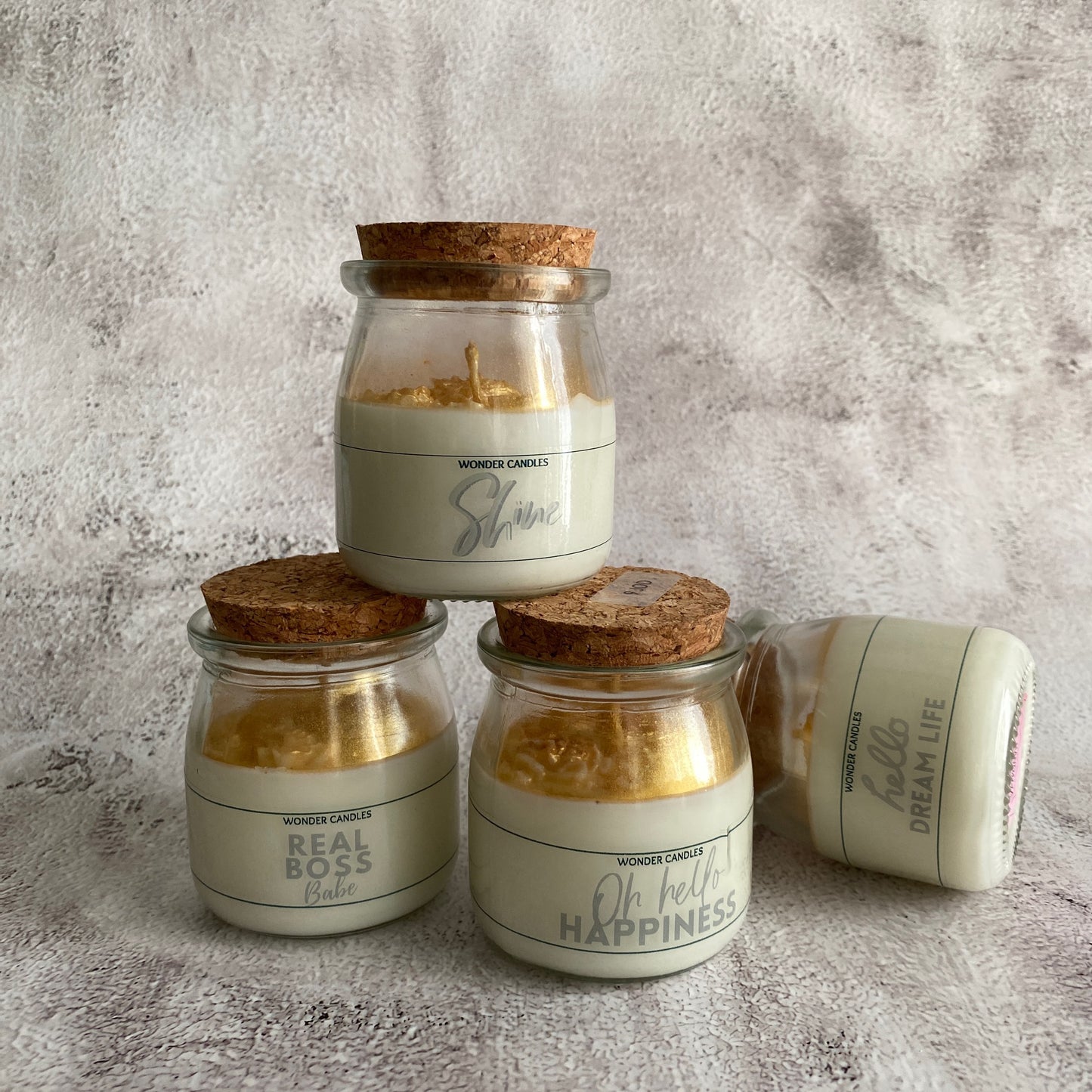 ‘Hello Happiness’ Candle in Small Jar, Vanilla Caramel - Wonder Candles