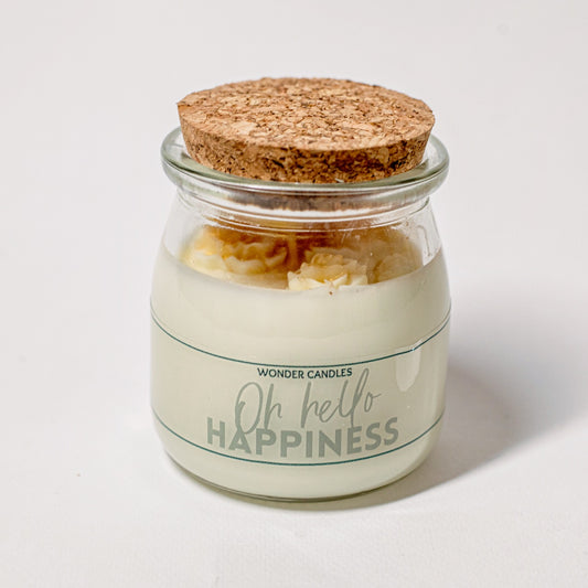 ‘Hello Happiness’ Candle in Small Jar, Vanilla Caramel